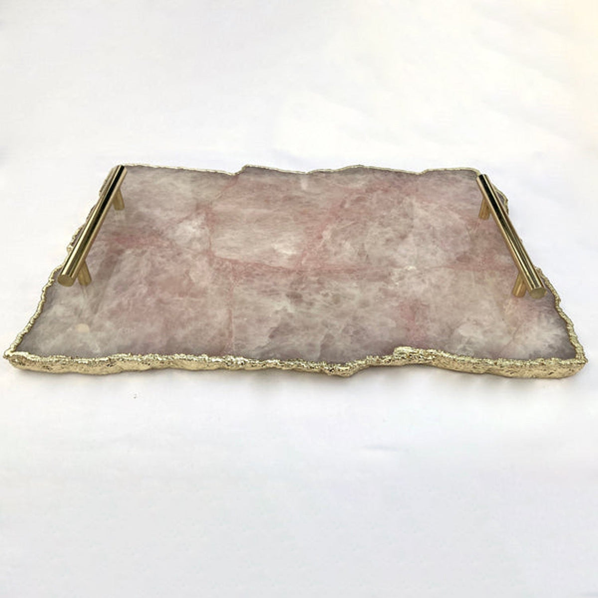 Large Rose Quartz Agate Serving Tray With Brass Handles 10"x15"-2