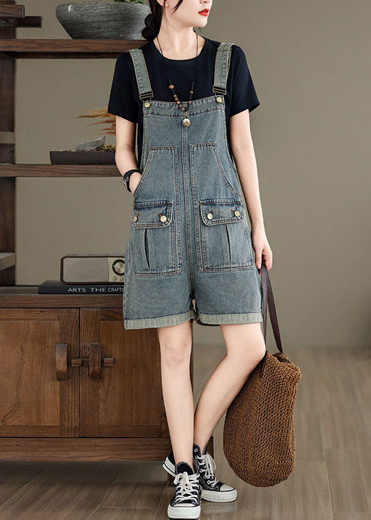 Light Blue Patchwork Denim Jumpsuit Pockets Summer