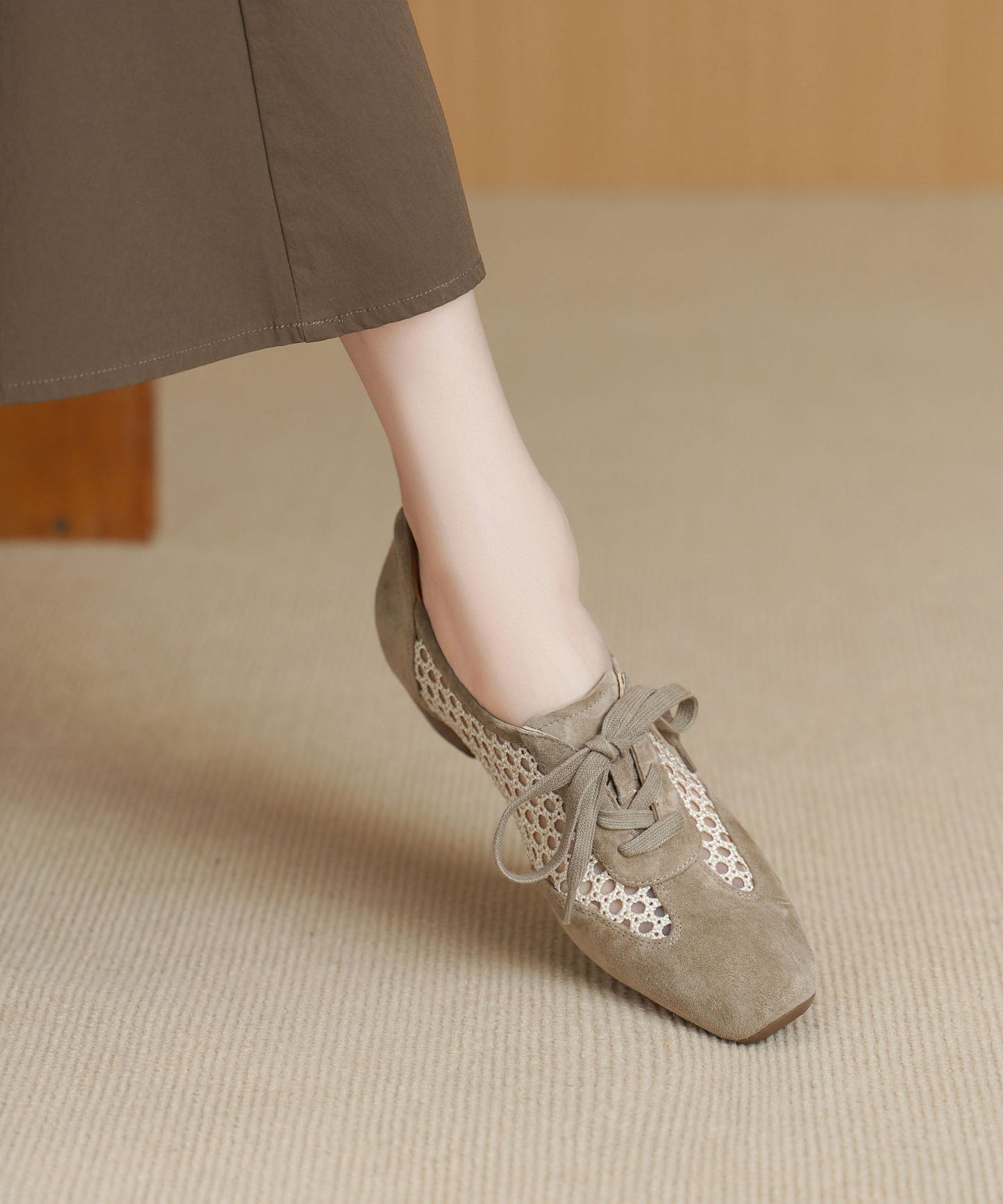Light Khaki Hollow Out Splicing Chunky Shoes Lace Up