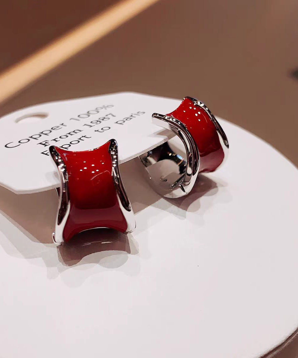 Light Luxury Irregular Wine Red Copper Hoop Earrings