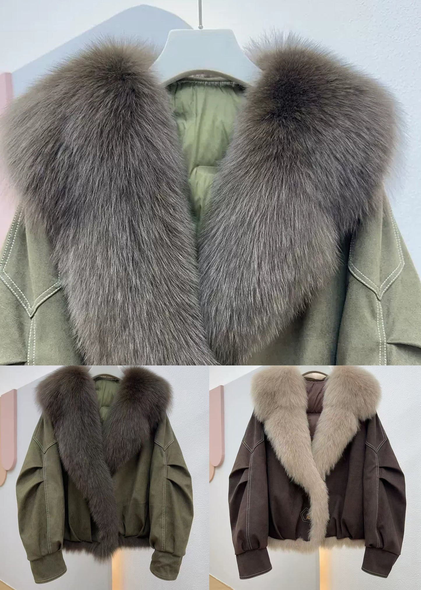 Loose Army Green Fur Collar Patchwork Fine Cotton Winter Coats Winter