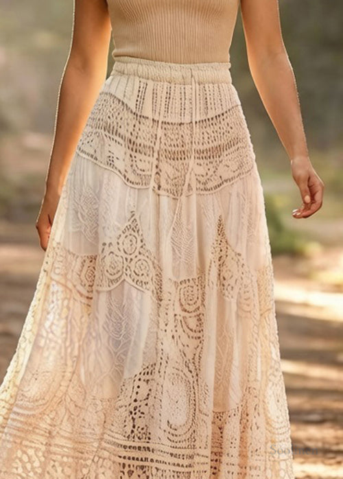 Loose Beige Hollow Out Drawstring Cotton Skirts Summer