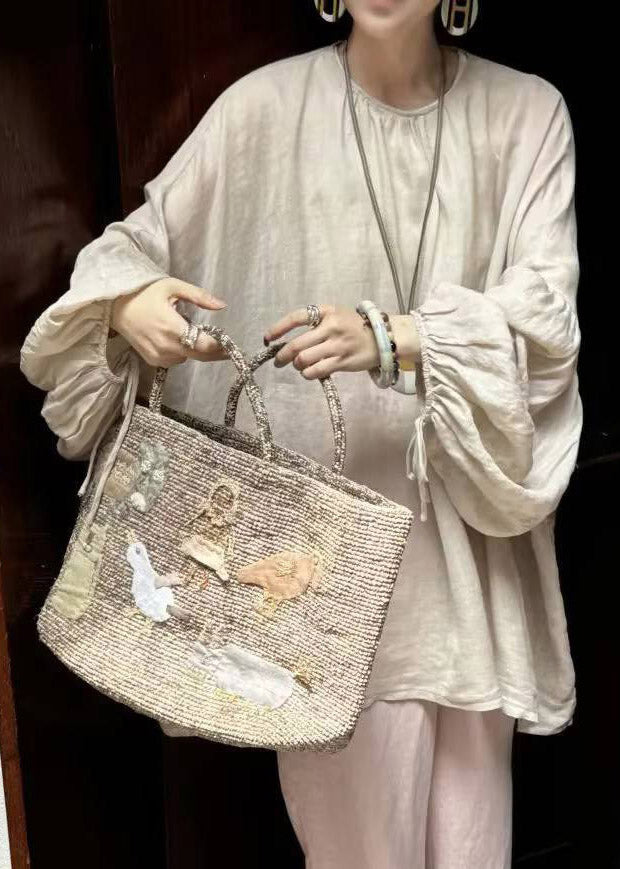 Loose Beige O-Neck Solid Top Lantern Sleeve