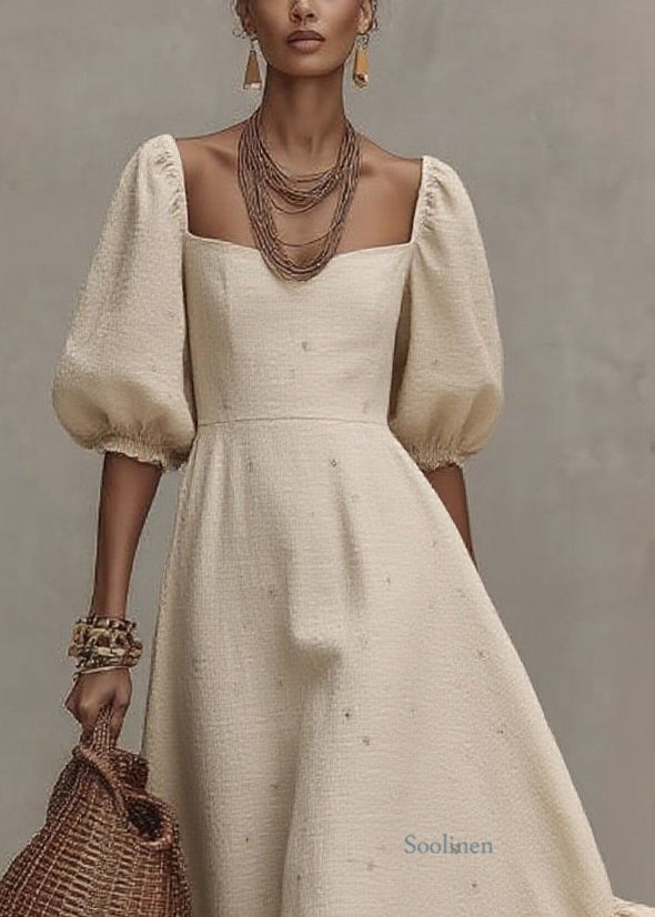 Loose Beige Square Collar Print Solid Long Dress Short Sleeve