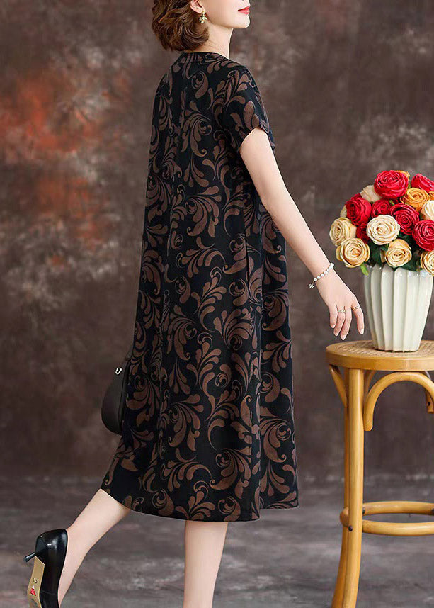 Loose Black O-Neck Print Silk Maxi Dresses Summer