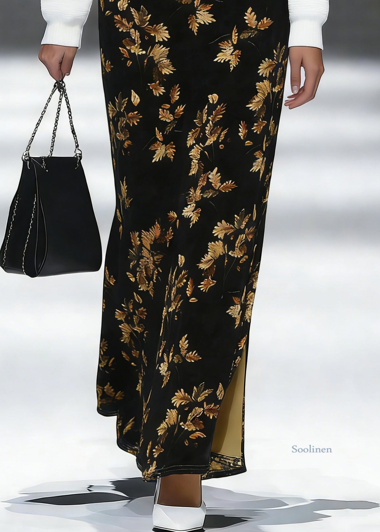 Loose Black Print Side Open Silk Velvet Skirt Spring