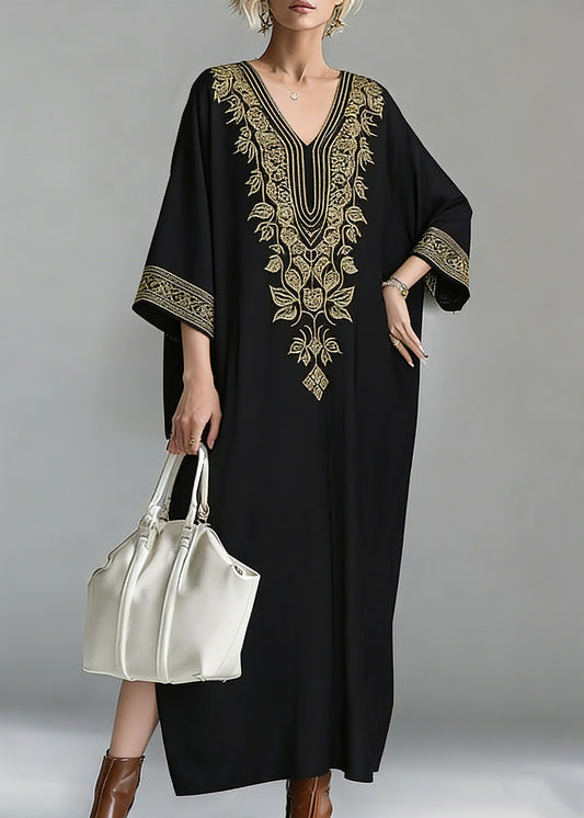 Loose Black V Neck Embroidered Maxi Dress Spring