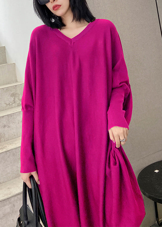 Loose Black V Neck Patchwork Knit Dress Batwing Sleeve