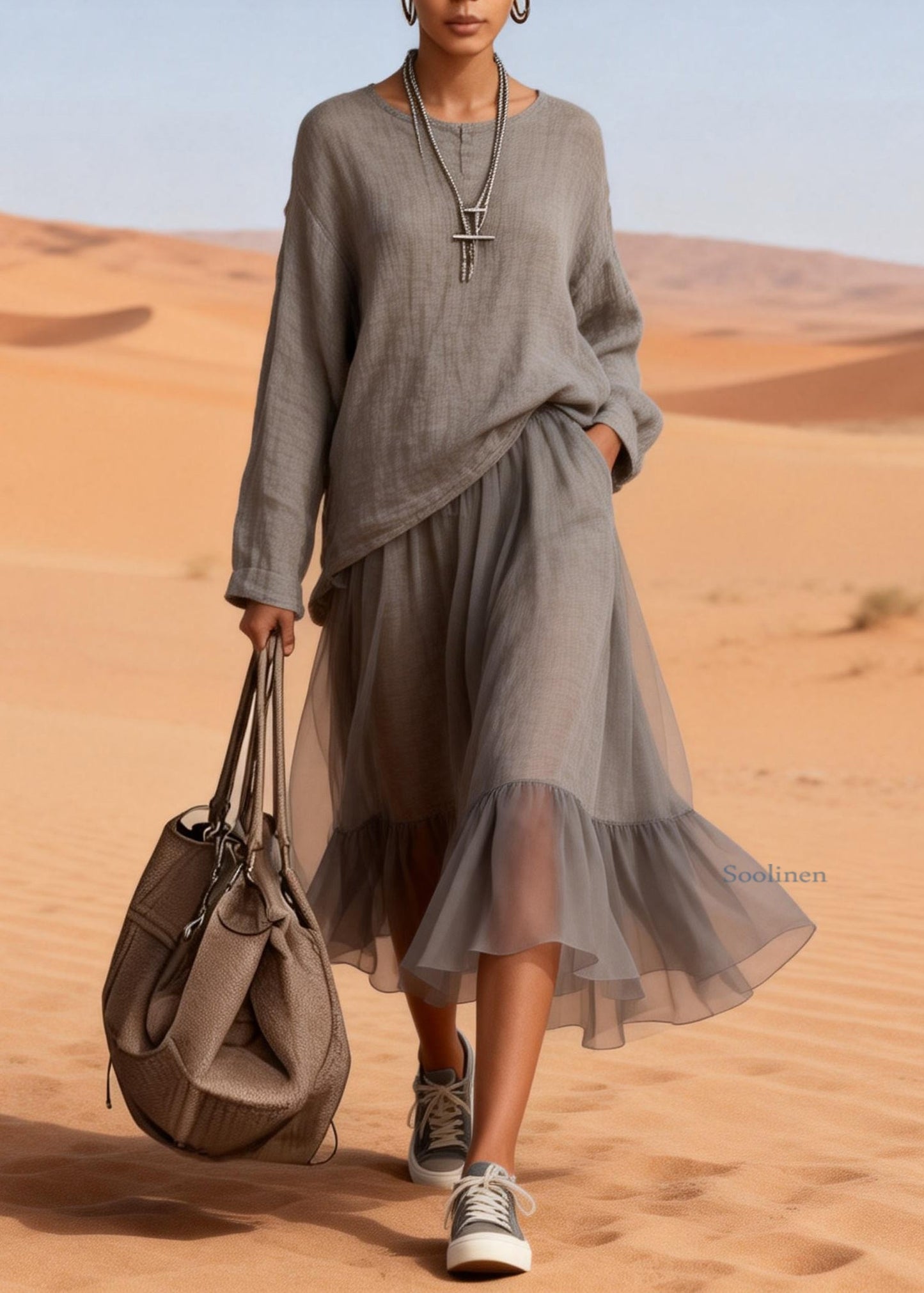 Loose Charcoal Grey Pockets Tops And Skirts Tulle Patchwork Two Pieces Set Spring