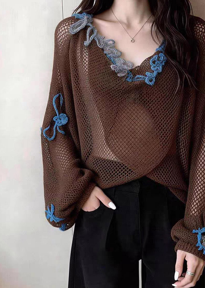 Loose Coffee Embroidered Patchwork Hollow Out Tops Lanter Sleeve