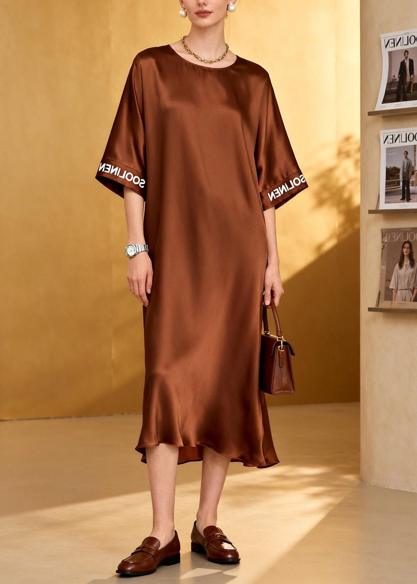 Loose Coffee O-Neck Graphic Silk Maxi Dresses Summer
