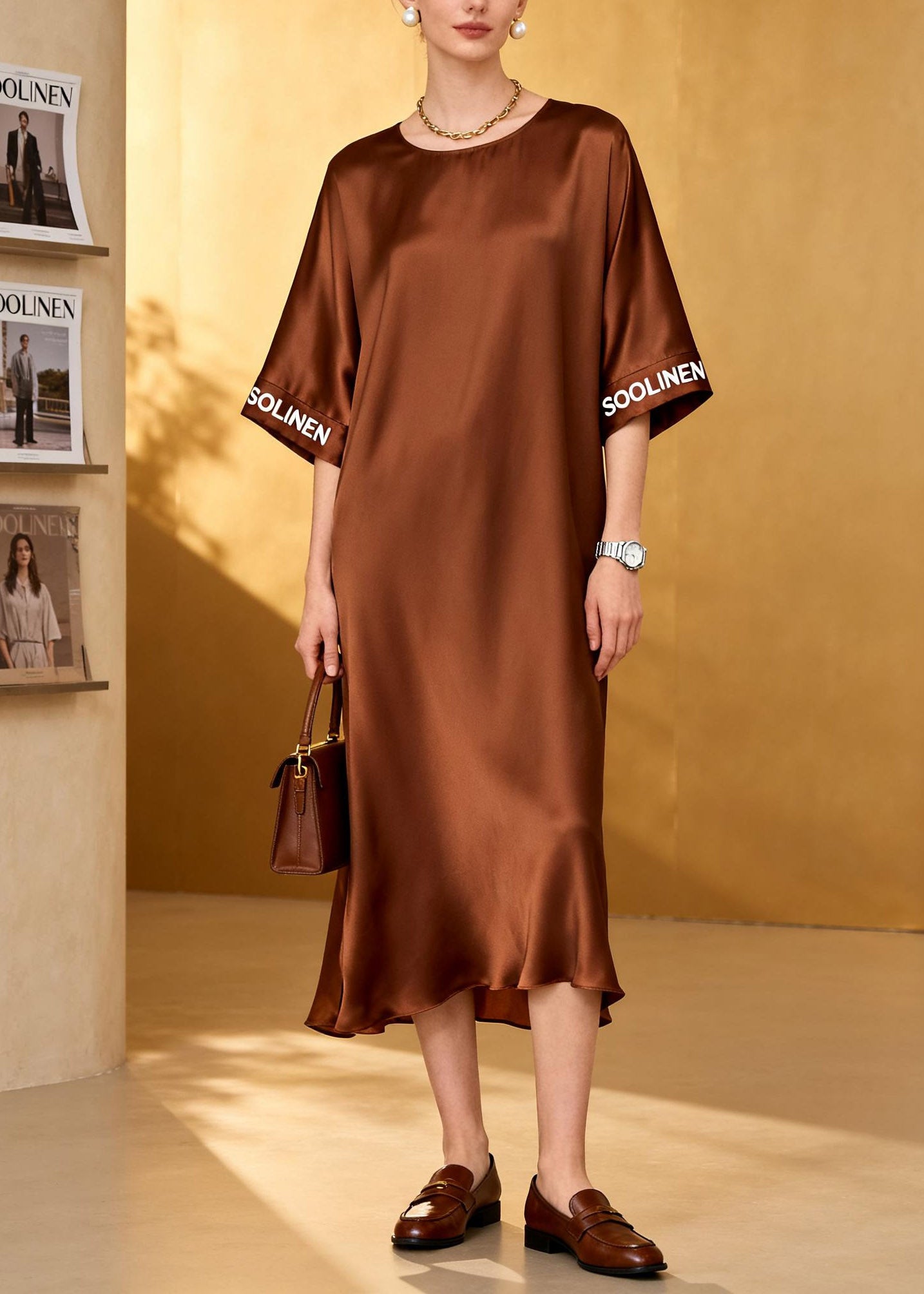 Loose Coffee O-Neck Graphic Silk Maxi Dresses Summer