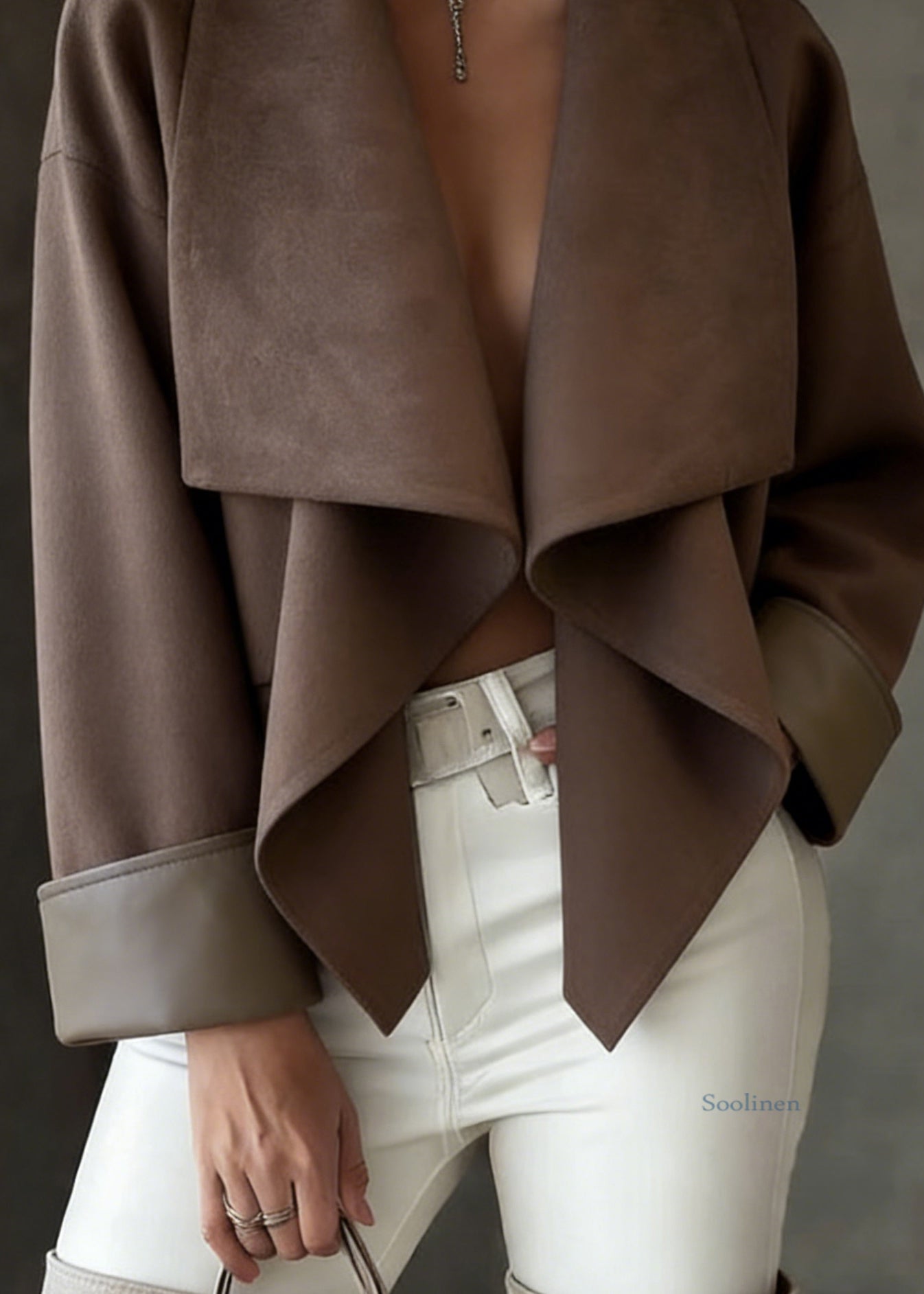 Loose Coffee Peter Pan Collar Faux Suede Solid Coats Spring