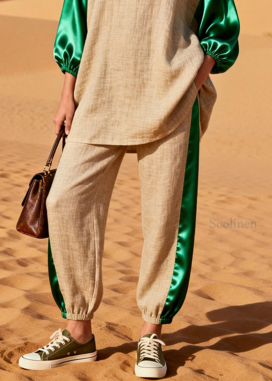 Loose Colorblock Silk Patchwork Linen Two Pieces Set Spring