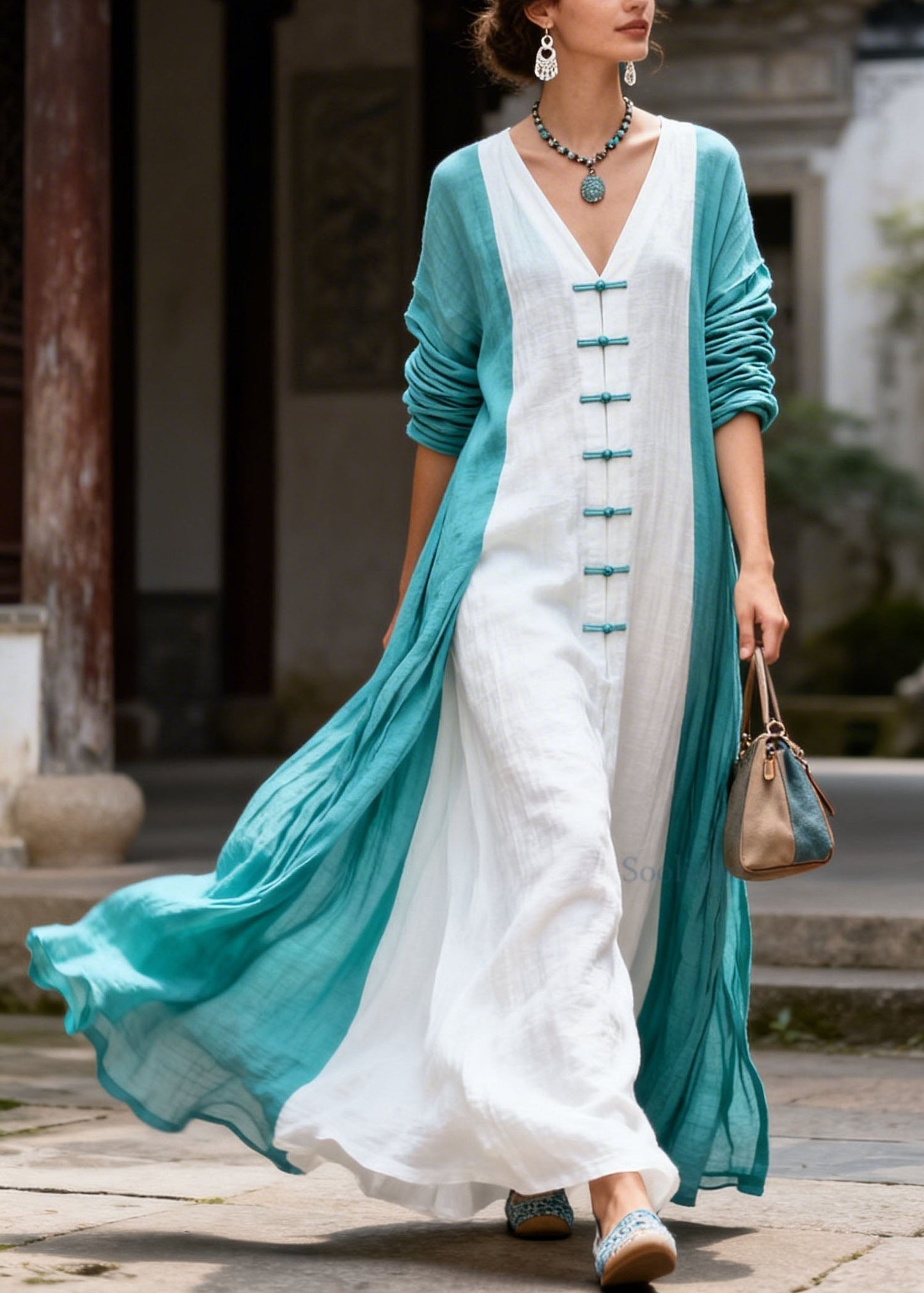 Loose Colorblock V Neck Chinese Button Patchwork Cotton Dress Summer
