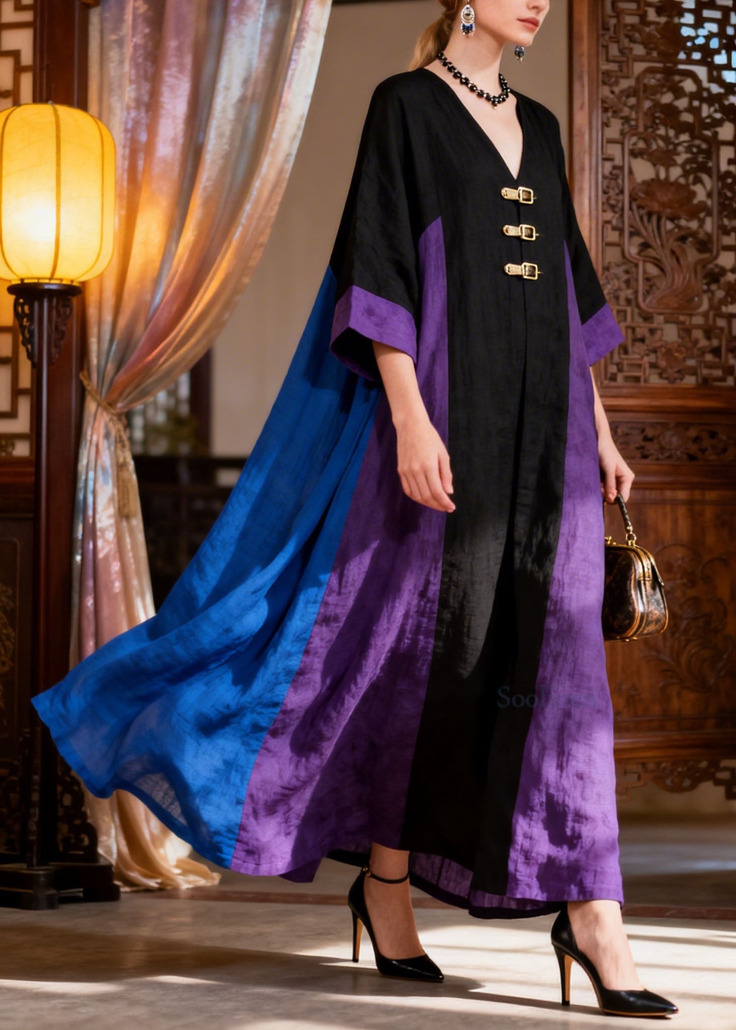 Loose Colorblock V Neck Patchwork Cotton Dress Summer