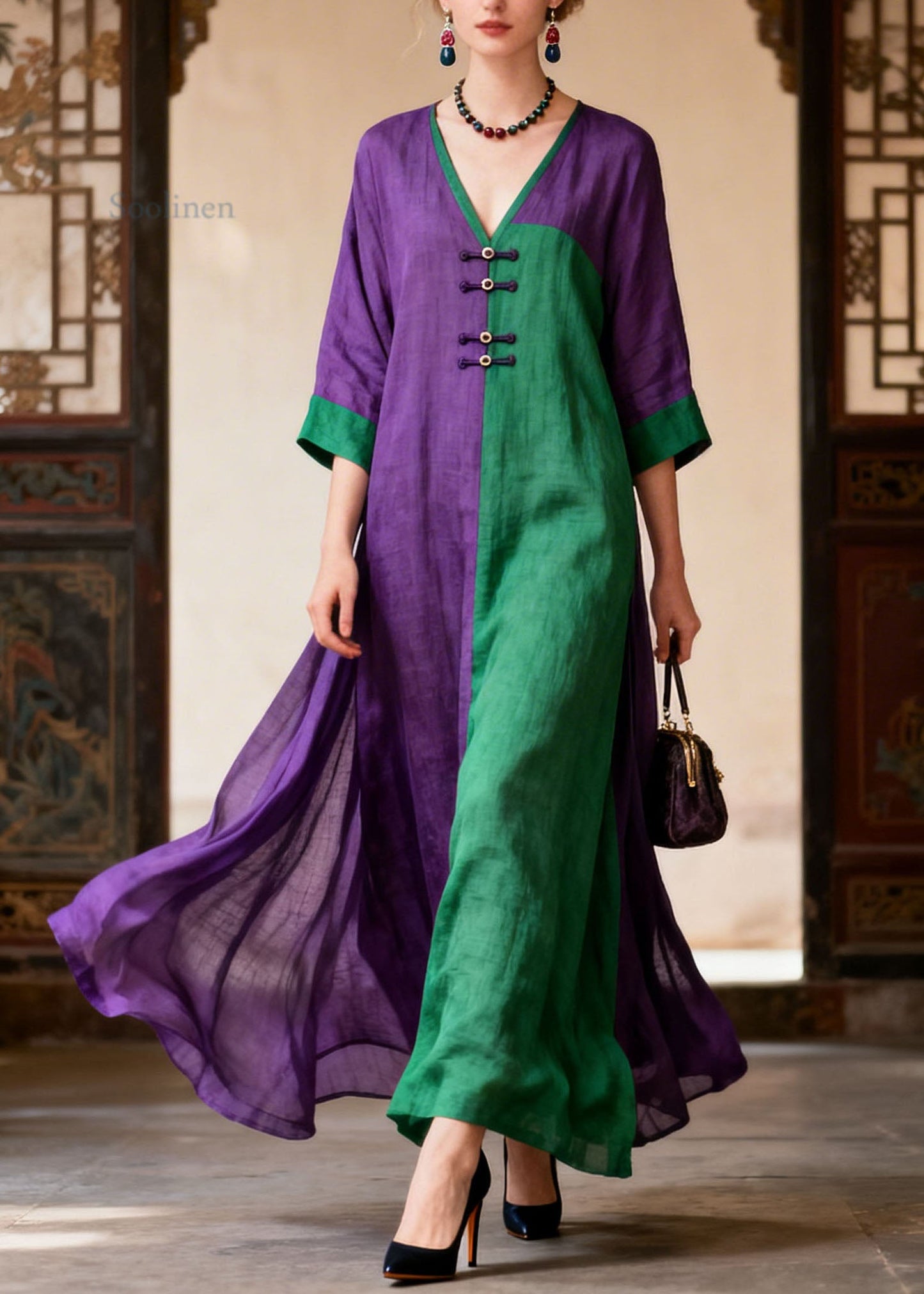 Loose Colorblock V Neck Patchwork Cotton Dresses Summer