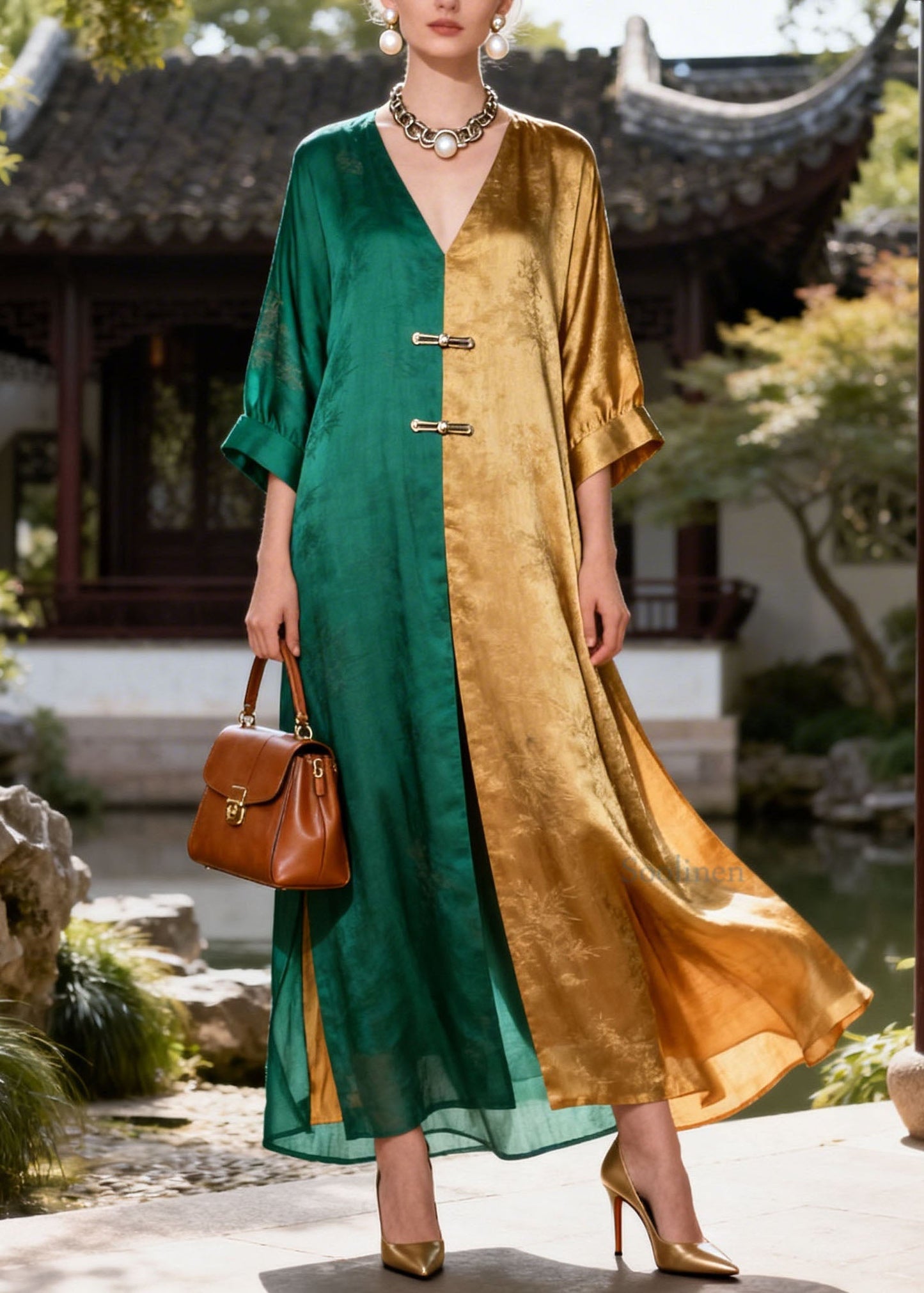 Loose Colorblock V Neck Patchwork Silk Long Dress Summer