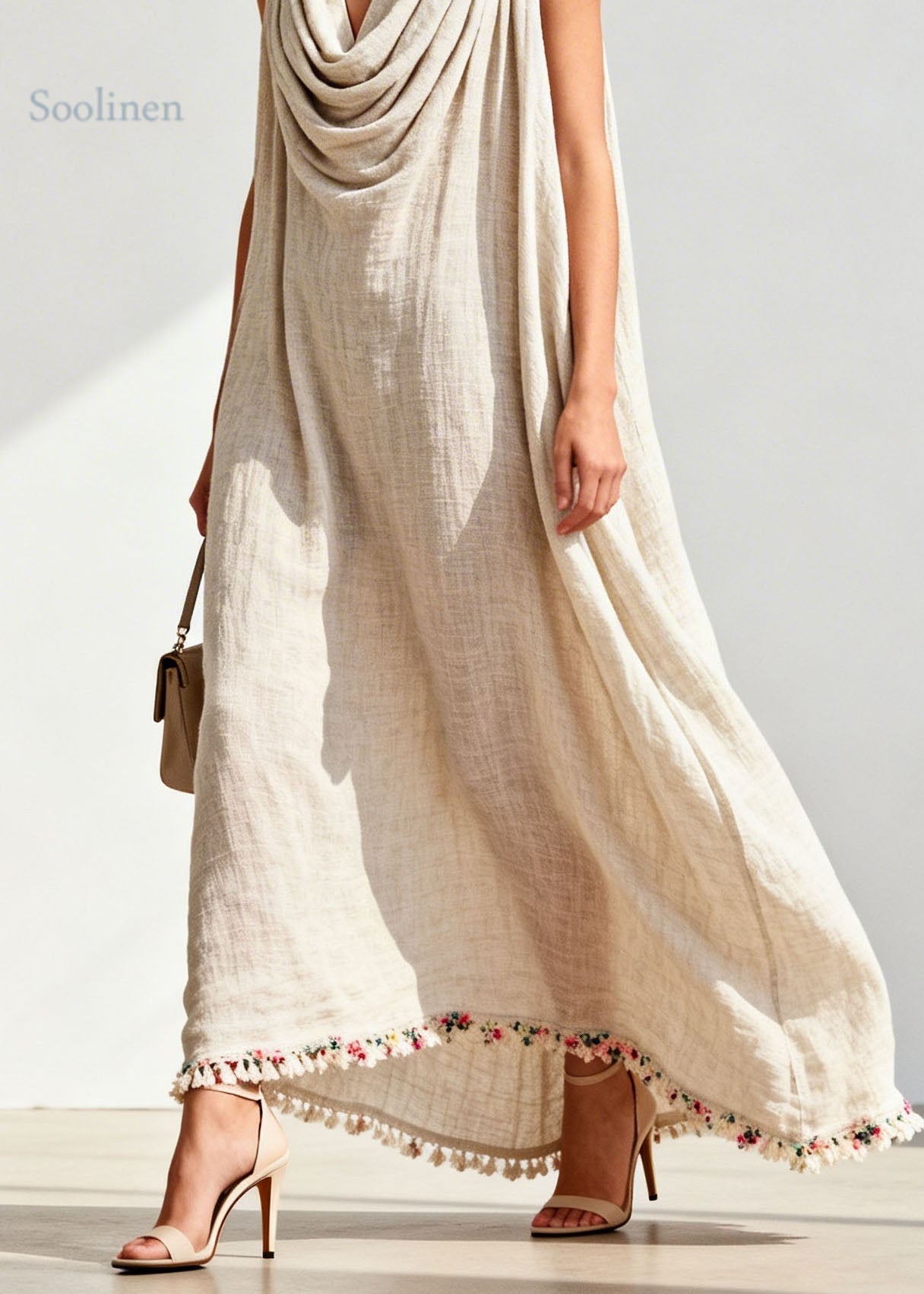 Loose Draped Neckline Floral Patchwork Linen Maxi Dresses Sleeveless