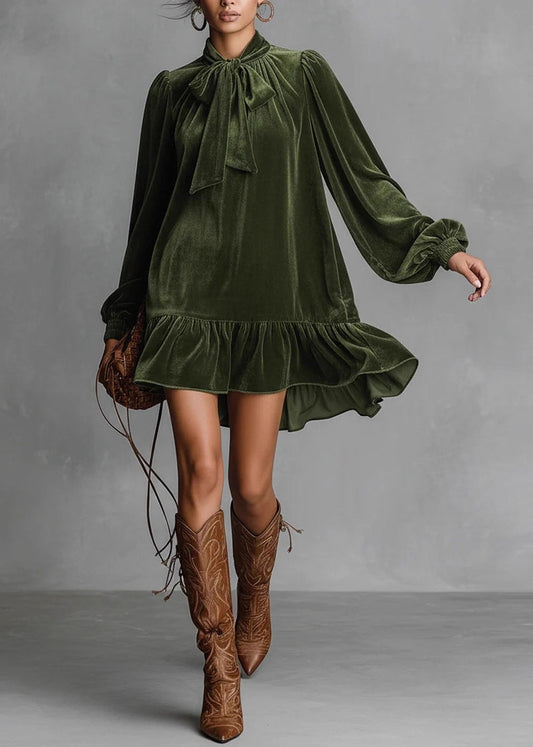 Loose Green Bow Wrinkled Solid Silk Velvet Mid Dress Spring