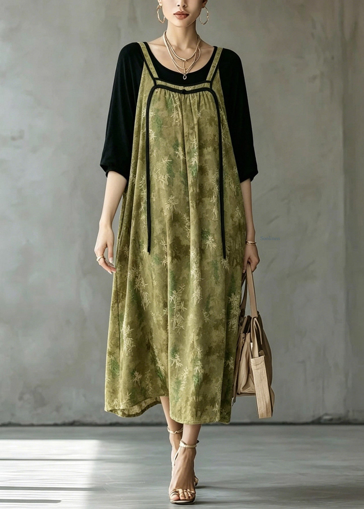 Loose Green O-Neck Patchwork Fake Two-Piece Long Dresses Half Sleeve