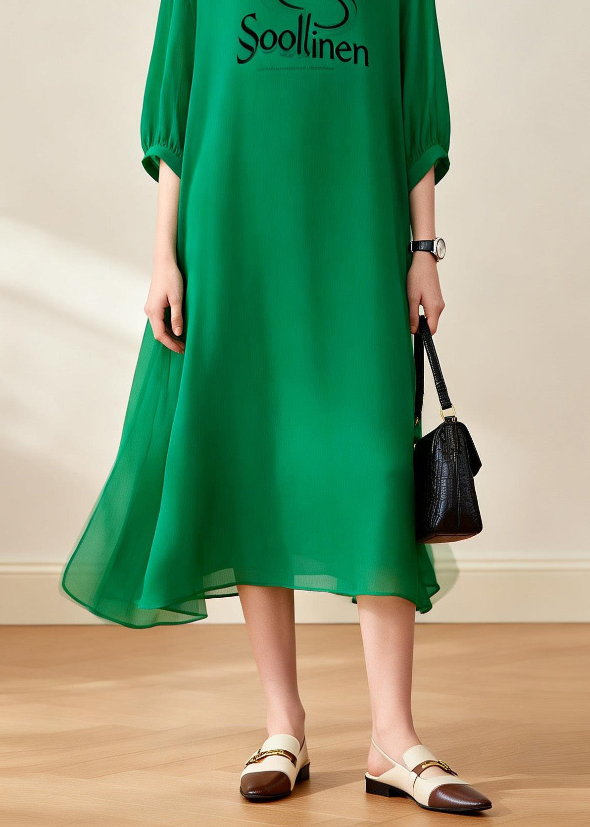 Loose Green O Neck Print Chiffon Dress Summer