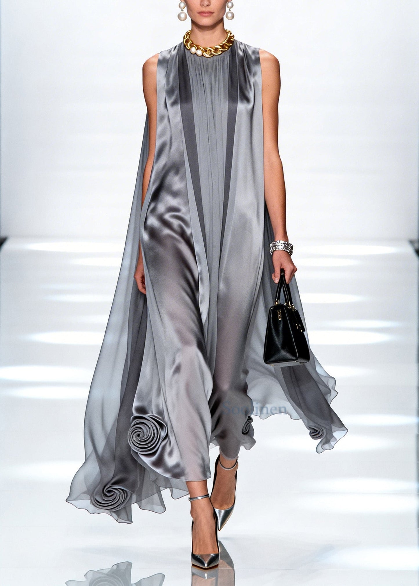 Loose Grey Oversized Stereoscopic Floral Chiffon Long Dress Sleeveless