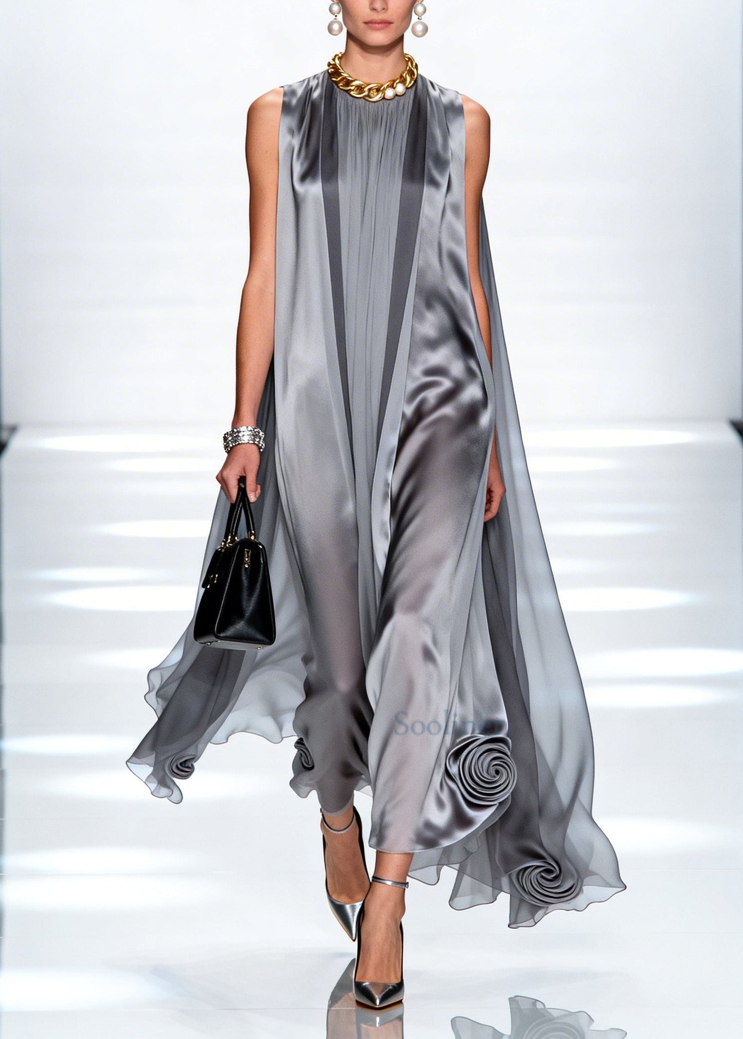 Loose Grey Oversized Stereoscopic Floral Chiffon Long Dress Sleeveless