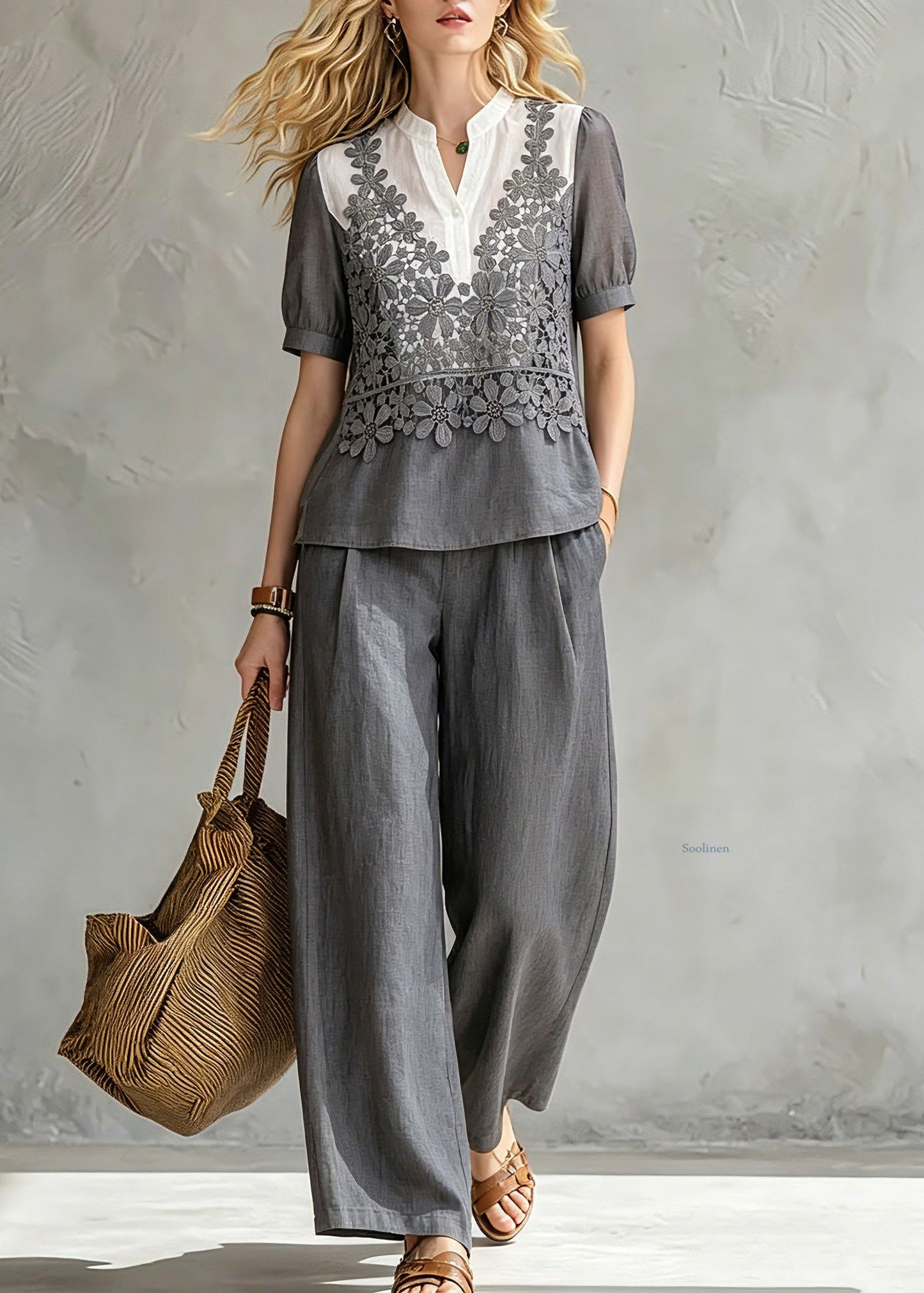 Loose Grey Stand Collar Floral Shirt And Wide Leg Pants Two Pieces Set Summer