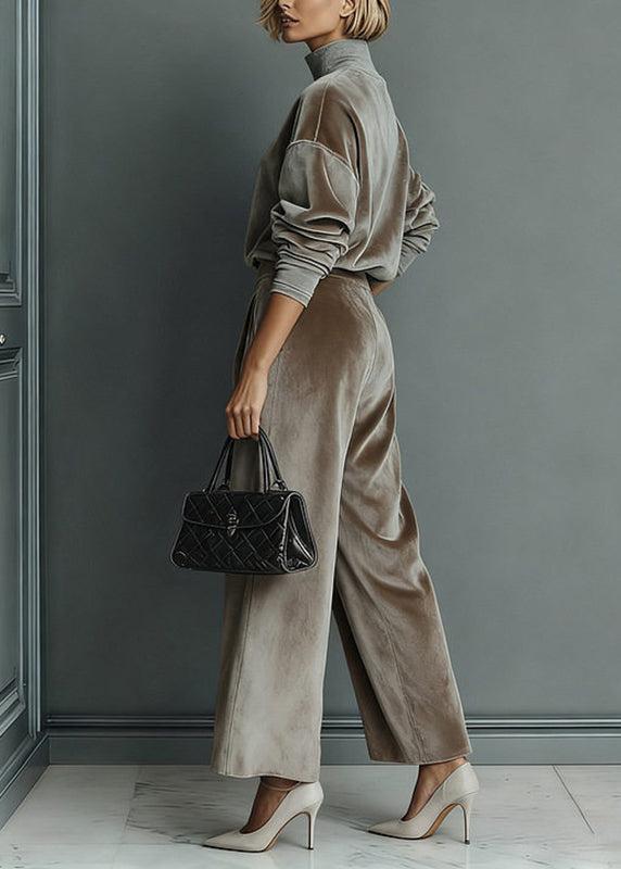Loose Grey Turtleneck Patchwork pullover And Wide Leg Pants Two Pieces Set Spring