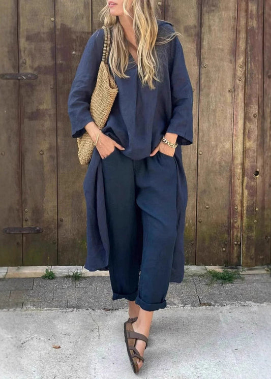 Conjunto de dos piezas de otoño con camisa holgada de patchwork en azul marino y pantalón tipo harén