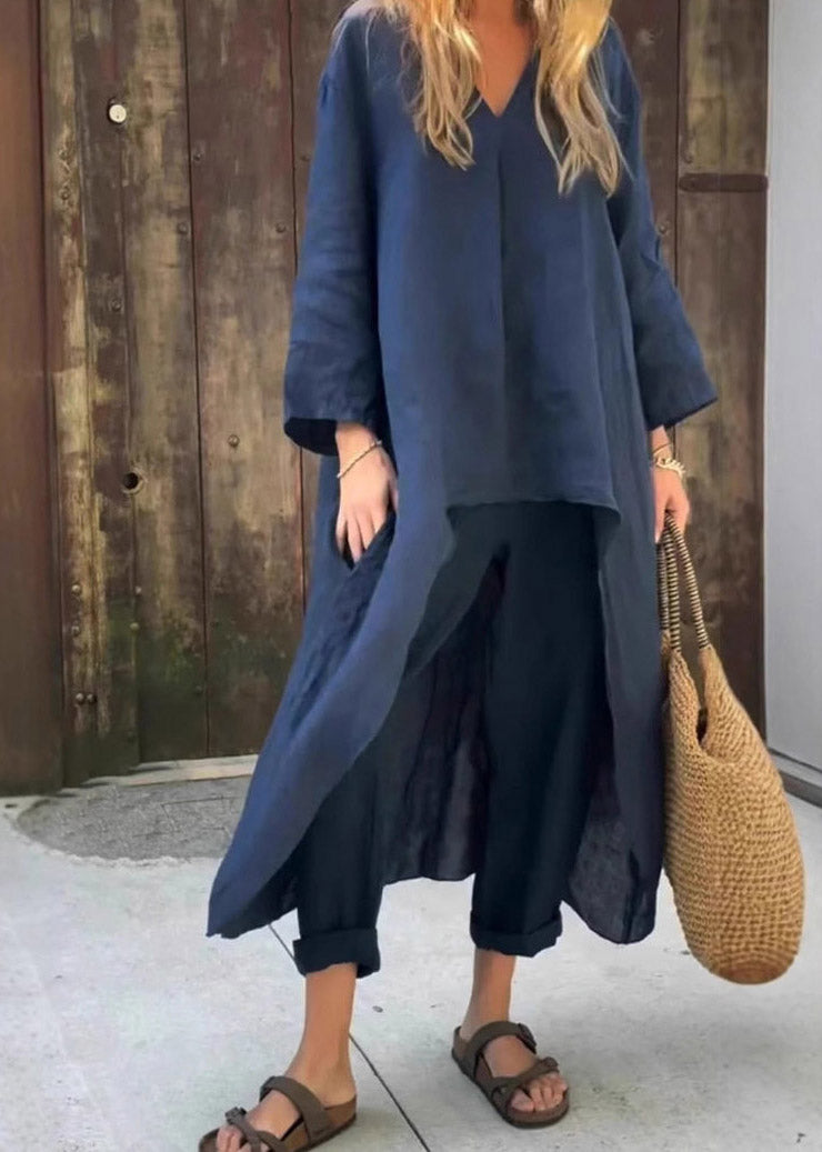 Loose Navy Patchwork Solid Shirts And Harem Pants Two Pieces Set Fall