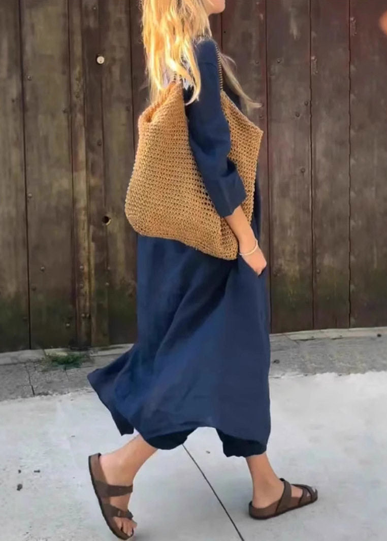 Loose Navy Patchwork Solid Shirts And Harem Pants Two Pieces Set Fall