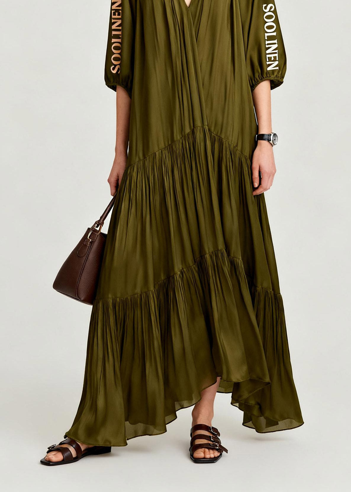 Loose Olive Green V Neck Wrinkled Maxi Dresses Summer