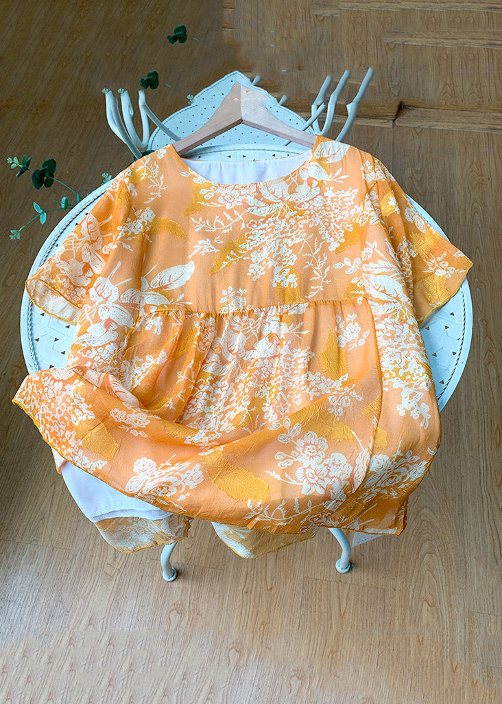 Loose Orange O-Neck Print Patchwork Chiffon T Shirt Summer