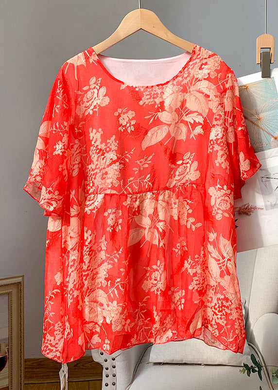 Loose Orange O-Neck Print Patchwork Chiffon T Shirt Summer