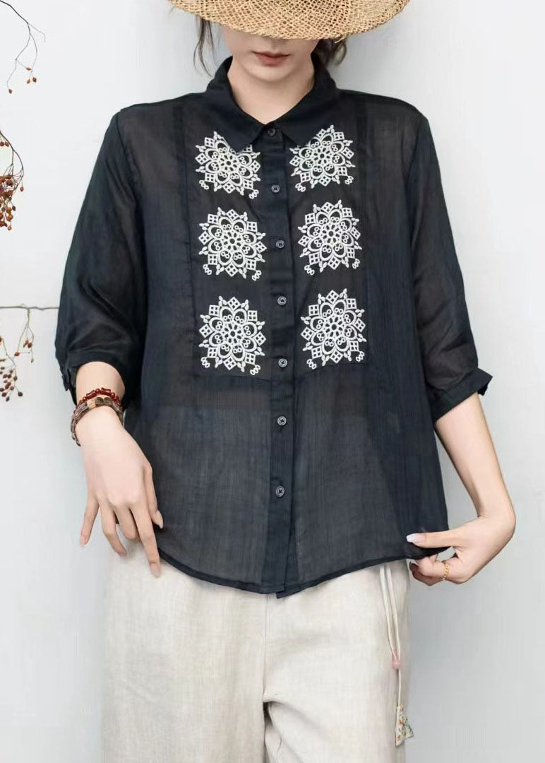 Loose Orange Peter Pan Collar Embroidered Linen Tops Summer