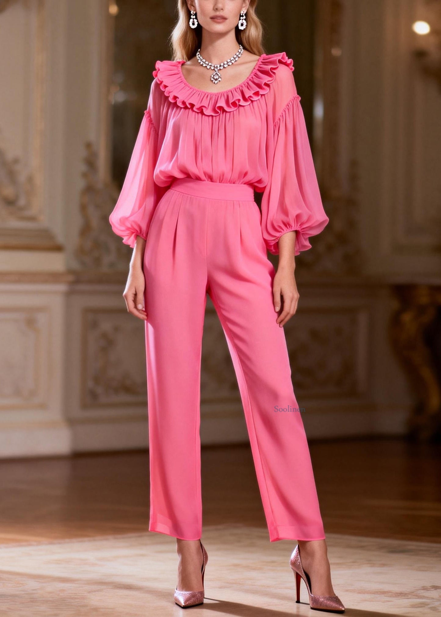 Loose Pink Ruffled High Waist Two-Piece Set Spring