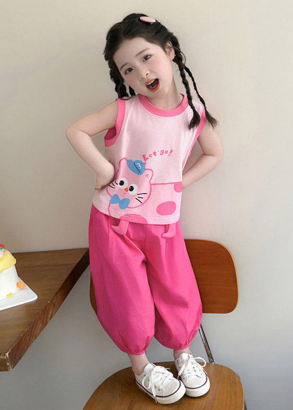 Loose Print Girls Vest And Crop Pants Two Pieces Set Summer