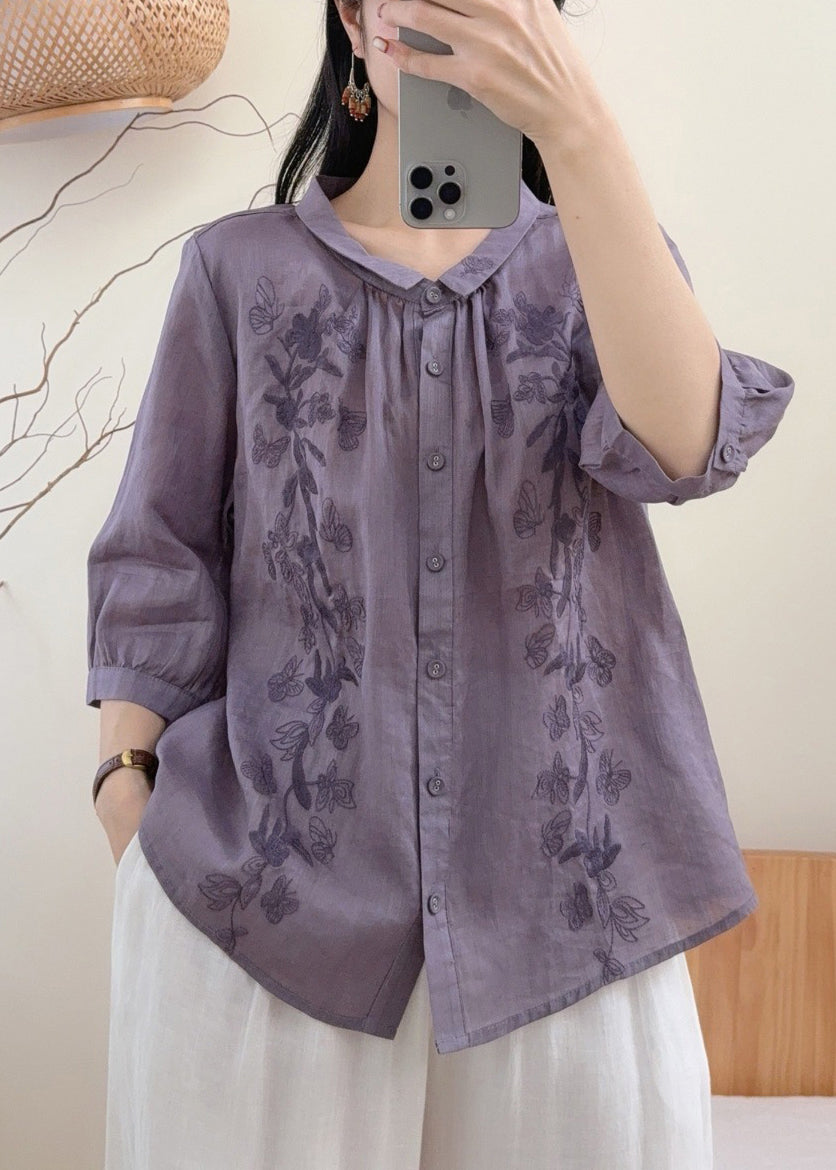 Loose Purple Embroidered Butterfly Linen Blouse Tops Summer