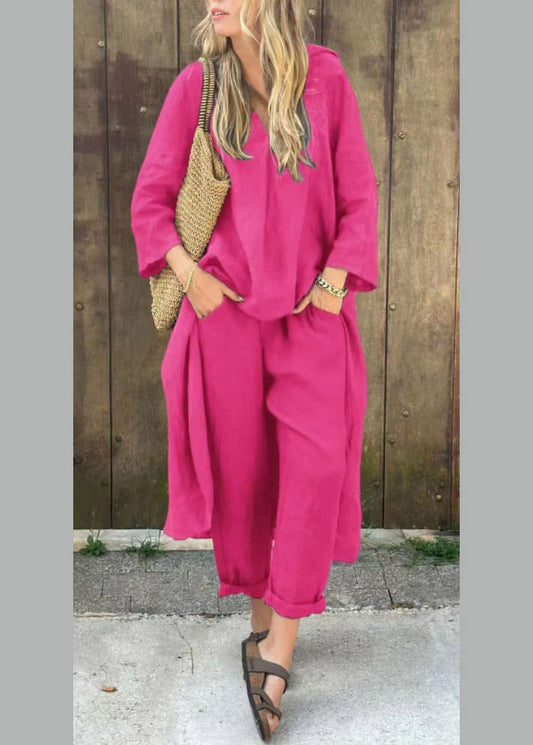 Conjunto de dos piezas de blusa morada holgada con cuello en V y pantalón tipo harén, de manga tres cuartos