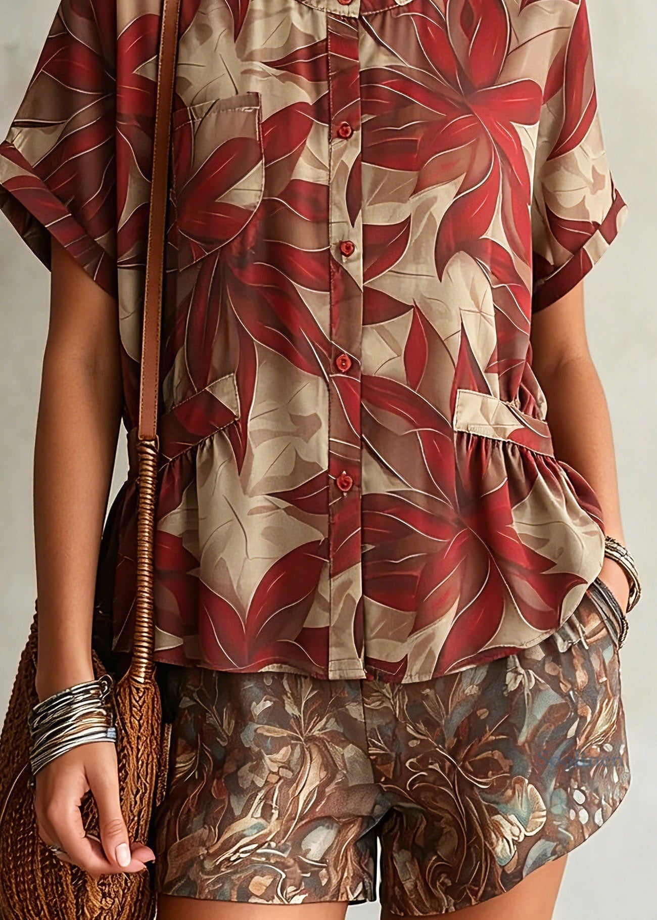 Loose Red O-Neck Print Shirt Chiffon Short Sleeve