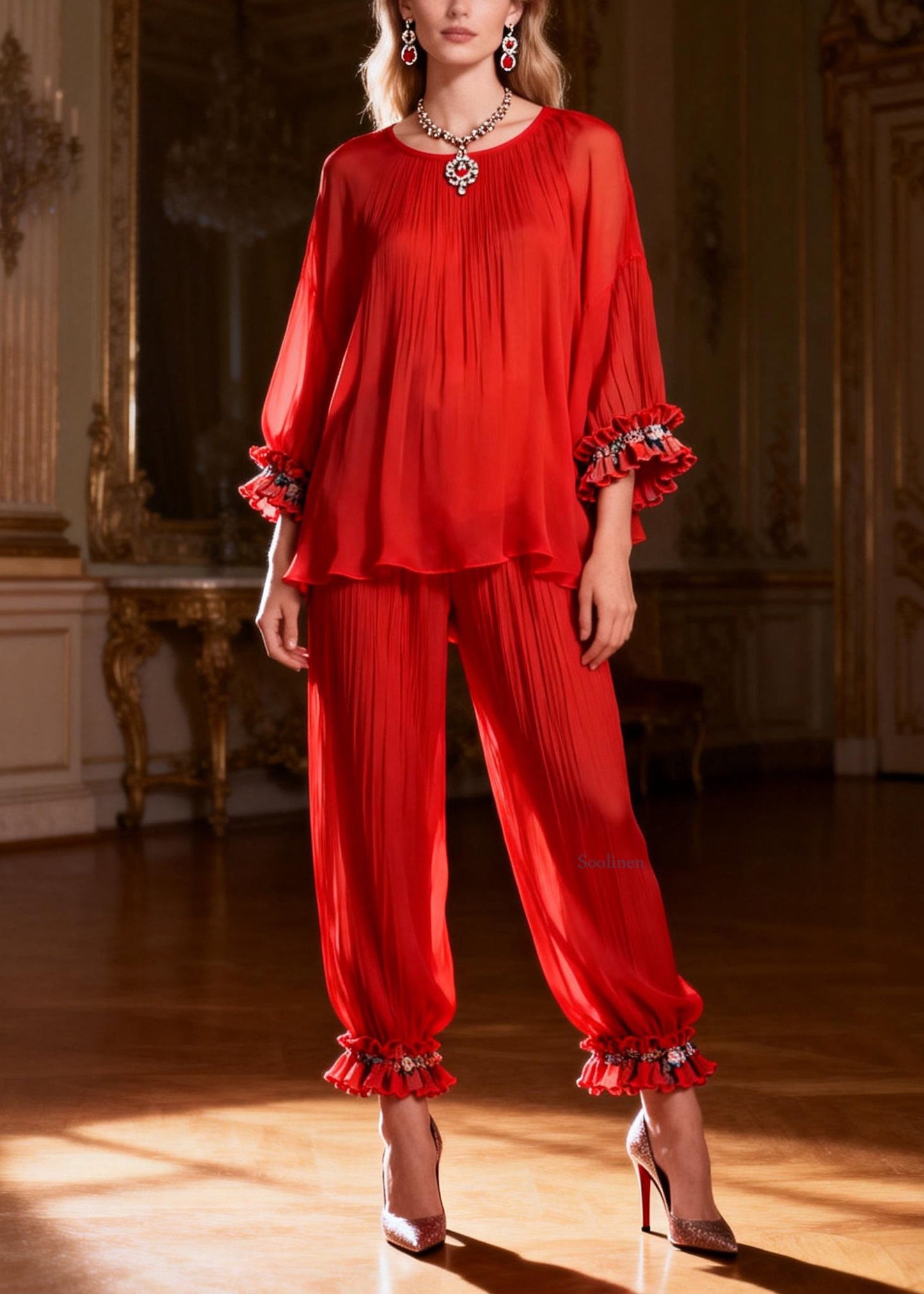 Loose Red O Neck Ruffled Tops And Crop Pants Two Piece Set Bracelet Sleeve