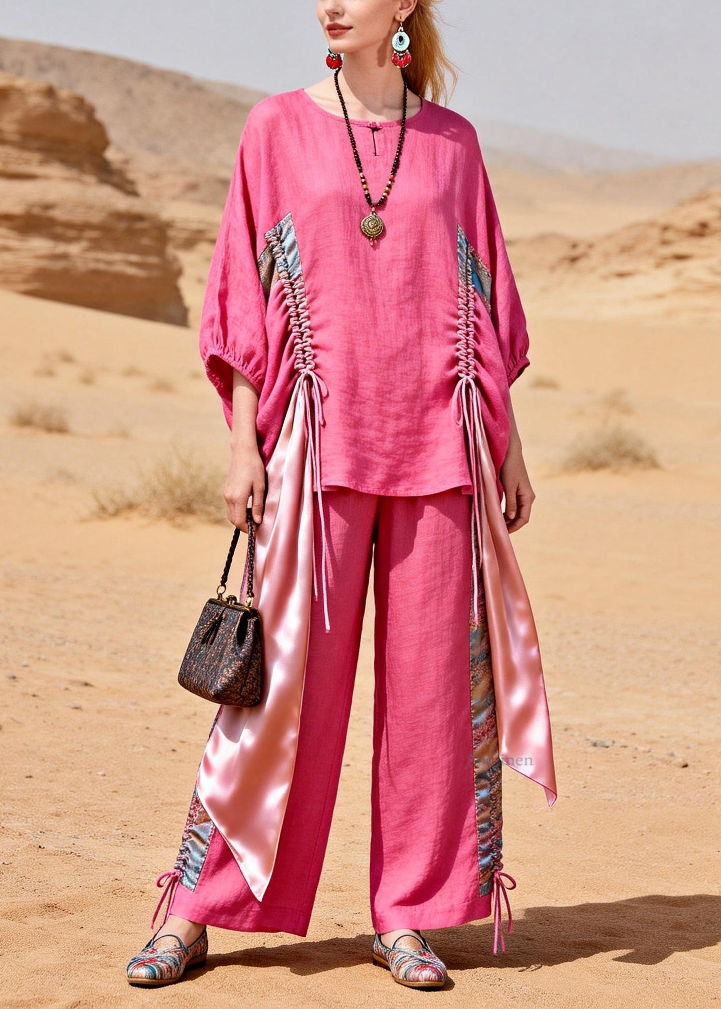 Loose Rose Asymmetrical Design Cinched Patchwork Linen Two Pieces Set Bracelet Sleeve