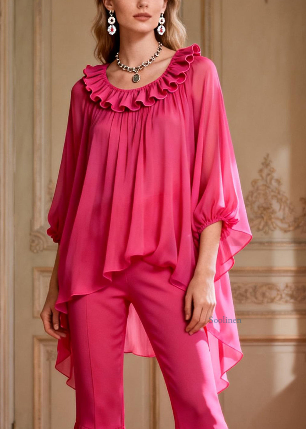 Loose Rose Ruffled Low High Design Chiffon Two Pieces Set Spring