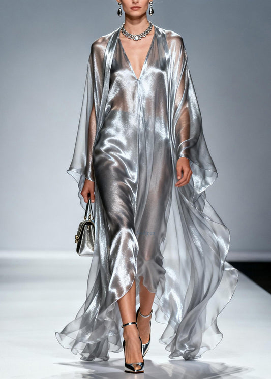 Loose Silver V Neck Asymmetrical Silk Robe Dresses Summer