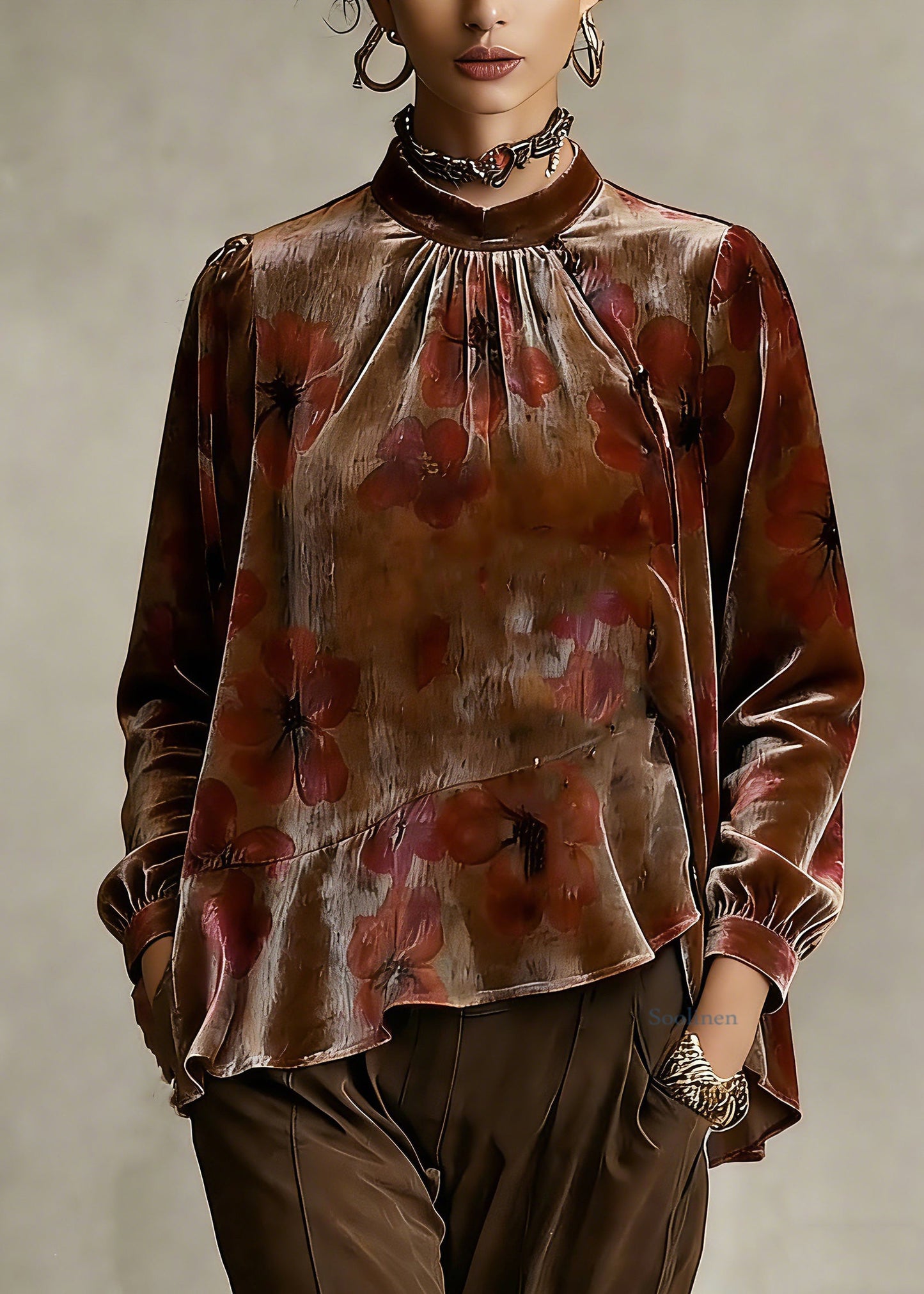 Loose Stand Collar Asymmetrical Ruffled Silk Velour Shirt Spring
