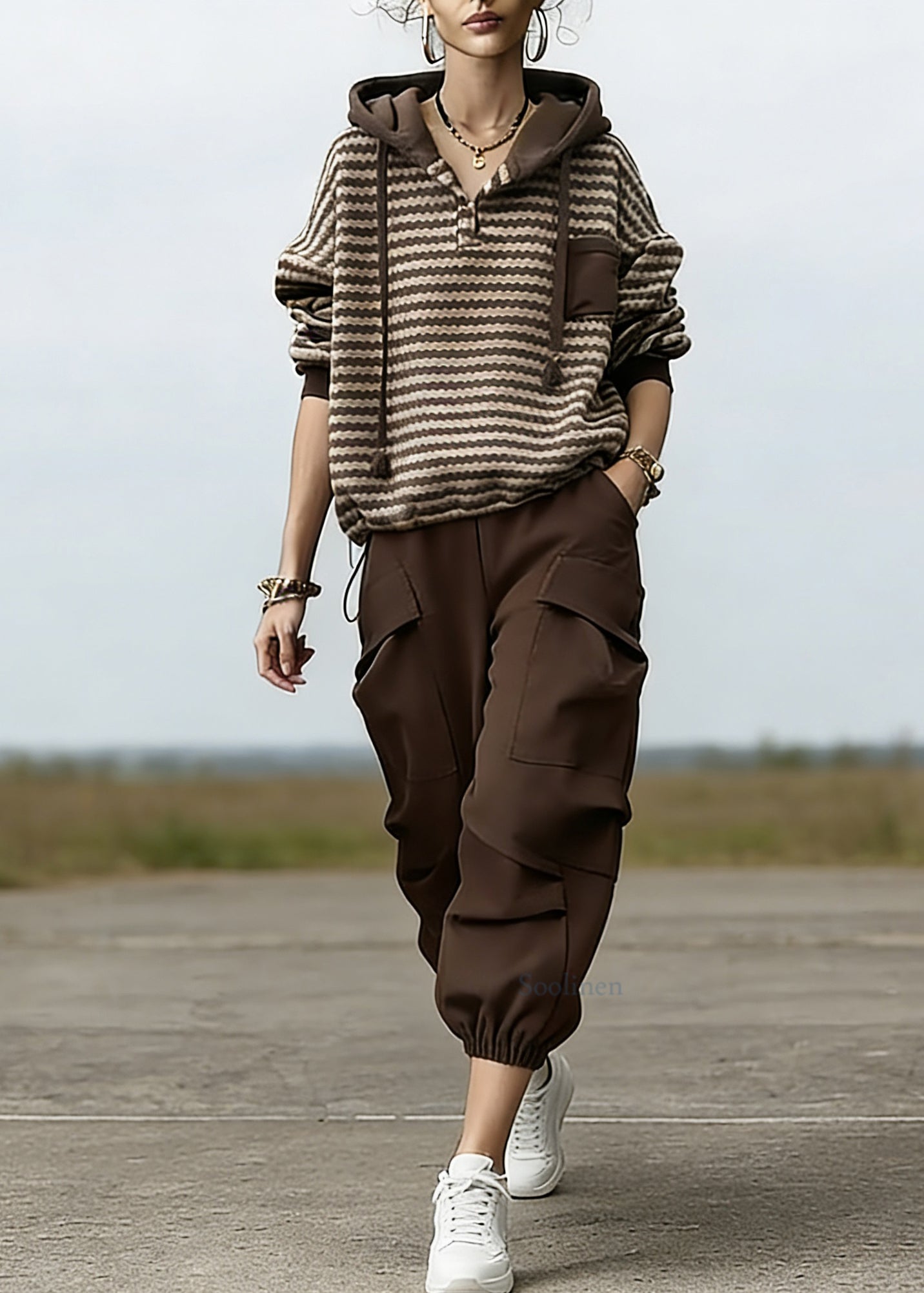Loose Striped Drawstring Hooded Sweatshirt And Beam Pants Two Piece Set Spring