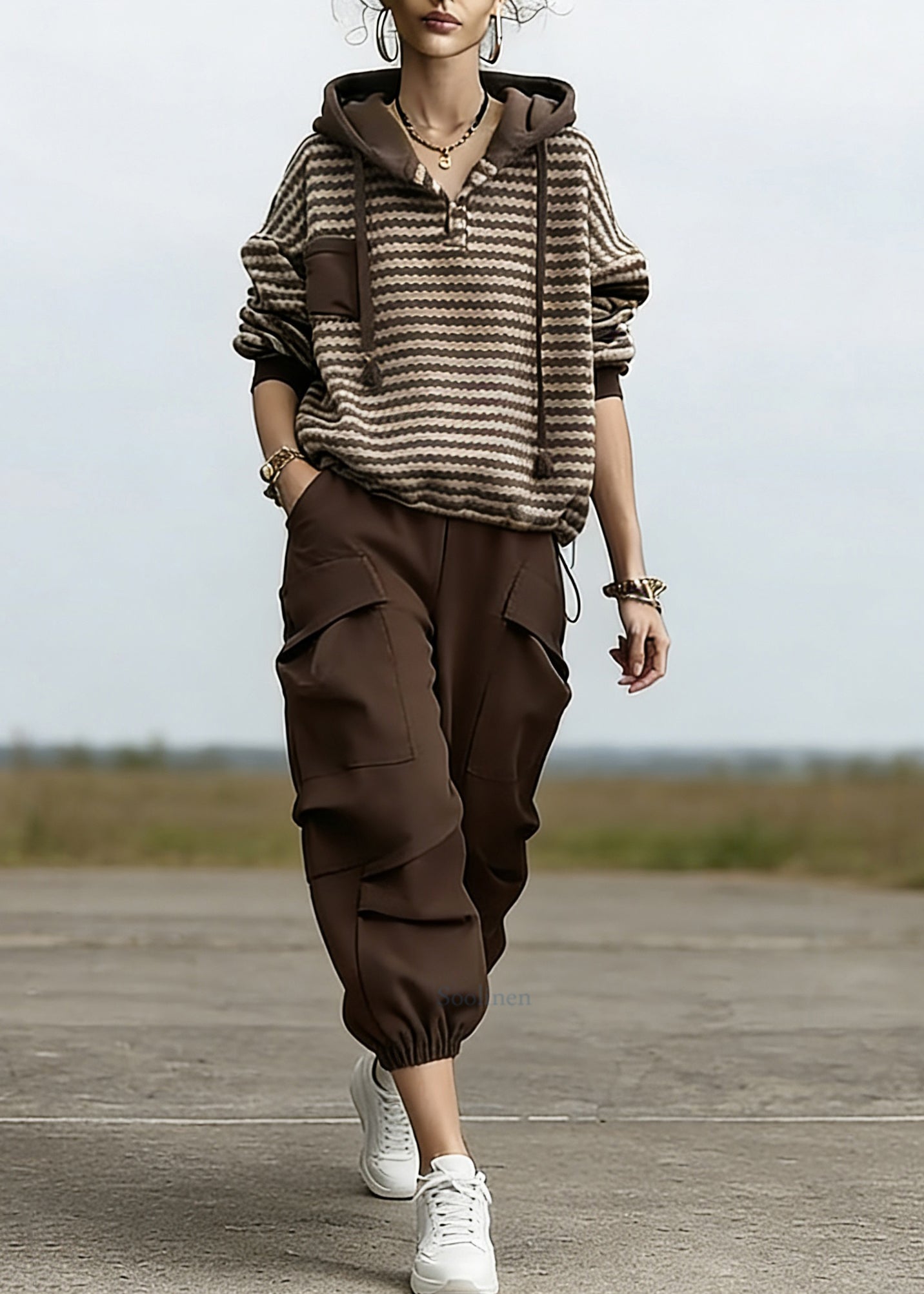Loose Striped Drawstring Hooded Sweatshirt And Beam Pants Two Piece Set Spring