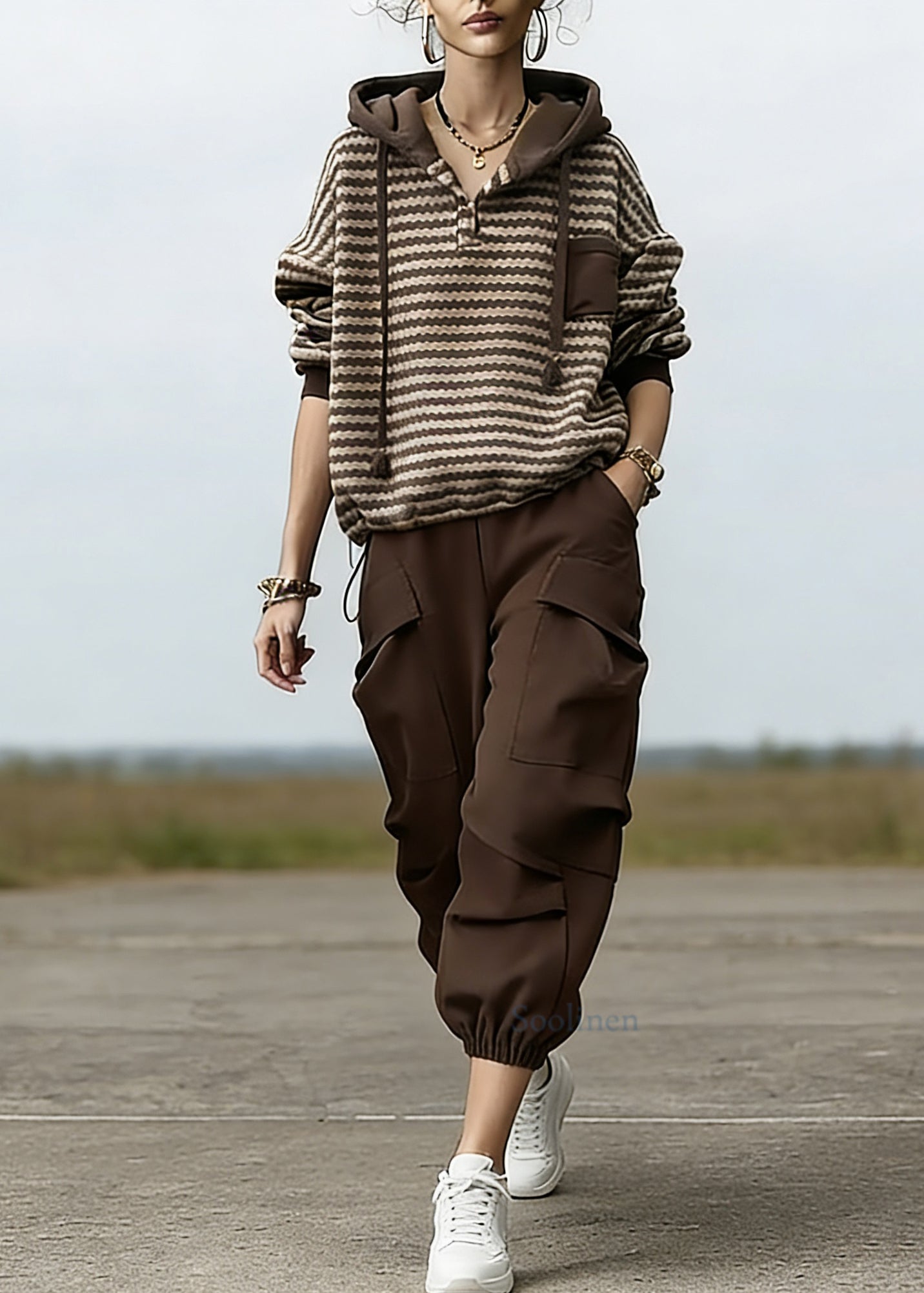Loose Striped Drawstring Hooded Sweatshirt And Beam Pants Two Piece Set Spring